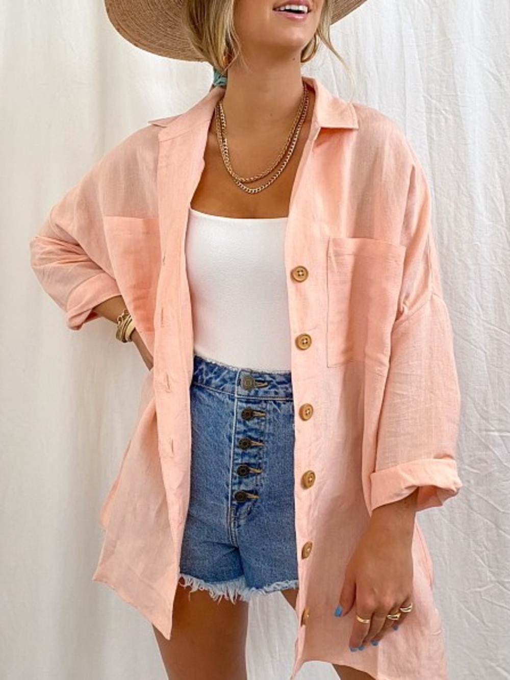 Show Me Your Mumu Oversized Shirt John Button Up Top Coverup Linen Pink Size Xs